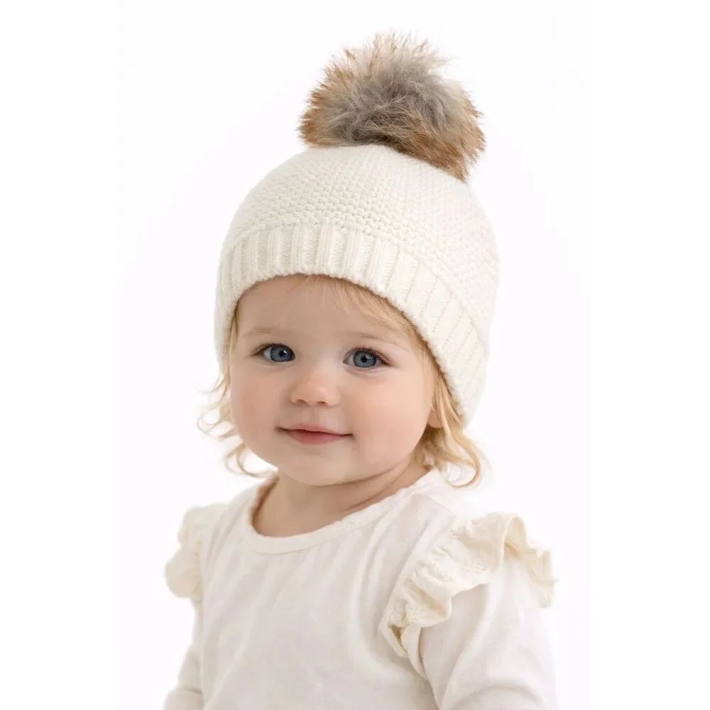 Baby Girl Cream Knit Beanie Hat Faux Fur Pom Pom Winter Cap 12M Toddler